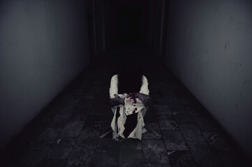 Portrait of asian woman make up ghost,Scary horror scene for background,Halloween festival...