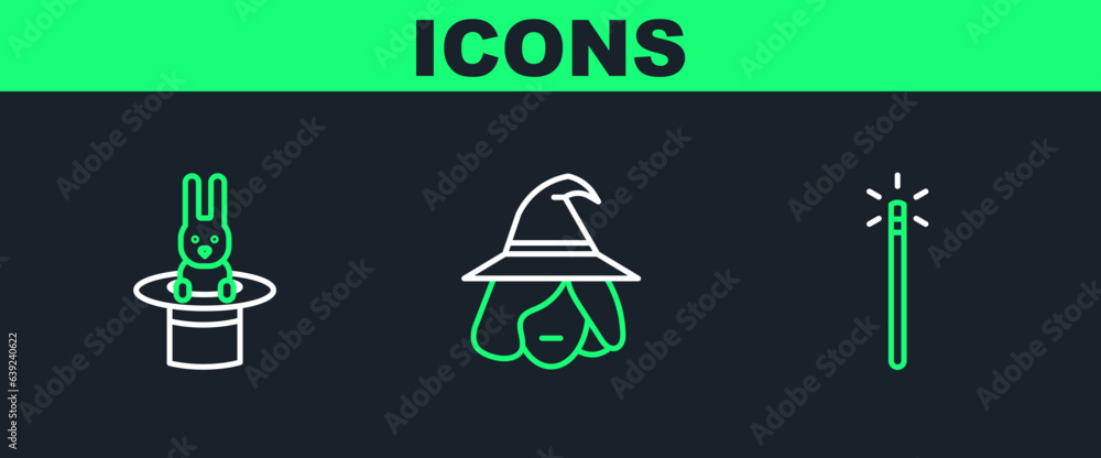 Sticker set line magic wand, magician hat rabbit and witch icon. vector