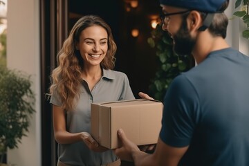 A smiling young courier in uniform delivers a package. Generative AI