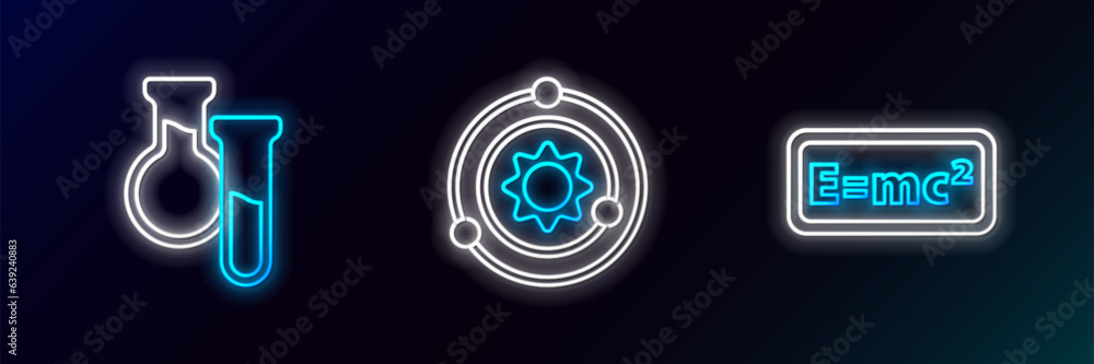 Poster set line equation solution, test tube and flask and solar system icon. glowing neon. vector