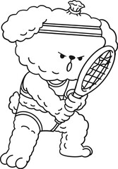 Cute poodle dog playing tennis, kids coloring page