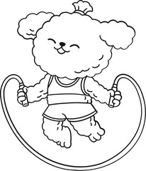 Cute poodle dog doing jumping rope, kids coloring page