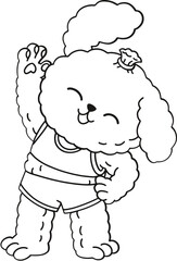 Cute poodle dog doing exercise, kids coloring page