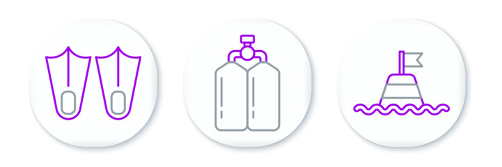 Set line Floating buoy on the sea, Rubber flippers and Aqualung icon. Vector © Oksana