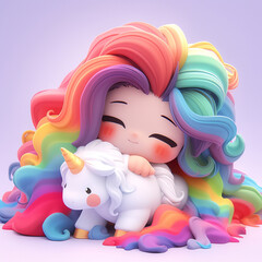 Cute little princess cartoon hug doll unicorn fairy kawaii animal pony child go to bedroom. Series fairytale Beautiful character. AI Generative - obrazy, fototapety, plakaty