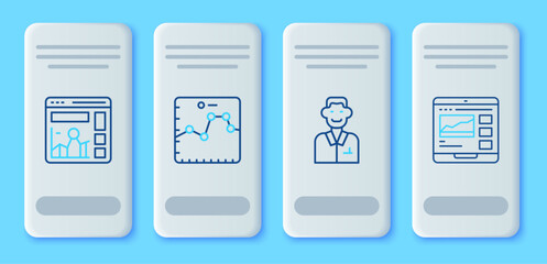 Set line Browser with growth graph, Trader, Website and Trading courses icon. Vector