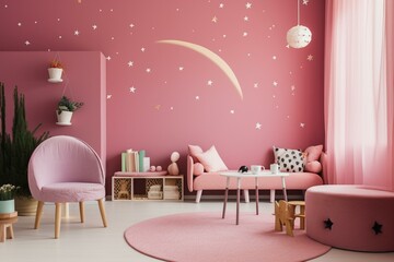 Kids' living room with round side table on pink wall and stars background. Generative AI