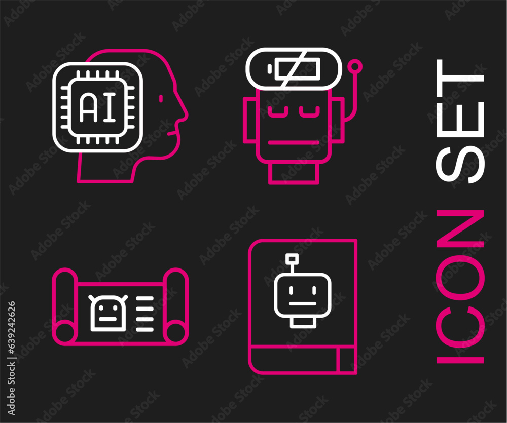Poster set line user manual, robot blueprint, low battery charge and humanoid robot icon. vector