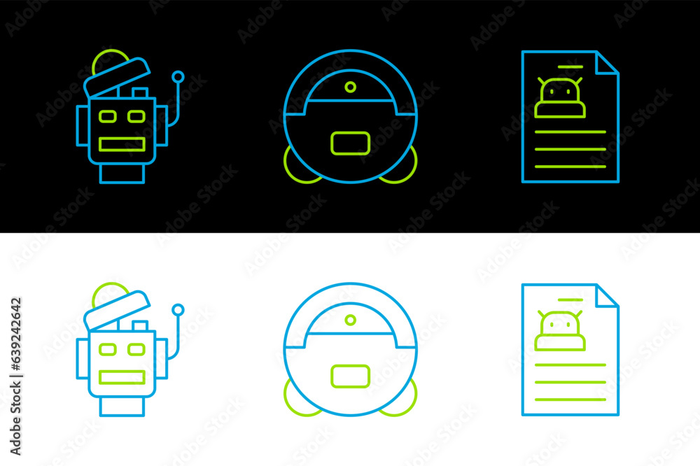 Aufkleber set line technical specification, robot and vacuum cleaner icon. vector