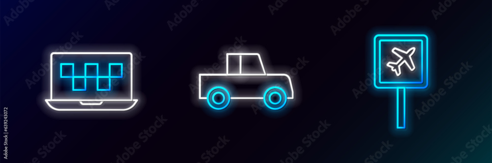 Canvas Prints set line airport, laptop call taxi service and car icon. glowing neon. vector