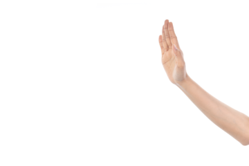 Female teen hand up stop sign isolated on white background with clipping path. Woman showing a refuse hand gesture sign.