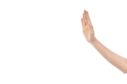 Female teen hand up stop sign isolated on white background with clipping path. Woman showing a refuse hand gesture sign.