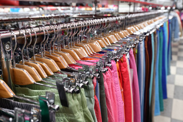 Women's trousers hang in a row in a store