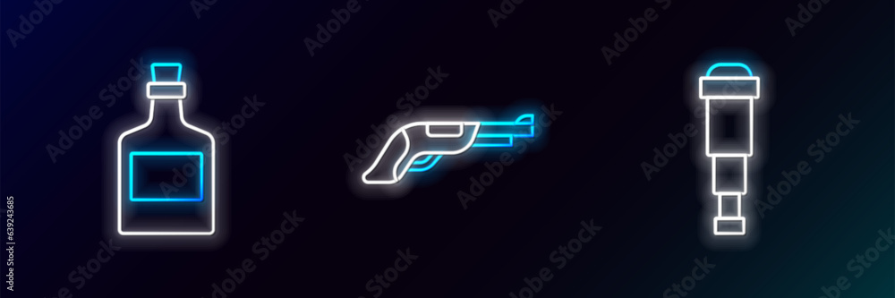 Wall mural Set line Spyglass telescope lens, Alcohol drink Rum and Vintage pistol icon. Glowing neon. Vector