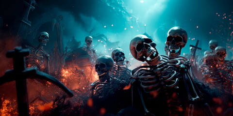 Fototapeta na wymiar skeletons rising from graves from earth on halloween mystic
