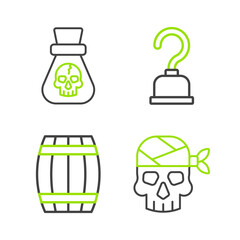 Fototapeta premium Set line Pirate captain, Wooden barrel, hook and coin icon. Vector