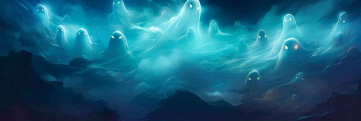 Ghostly Ghoul Background floating ghosts of different sizes and expressions against a spooky night sky.
