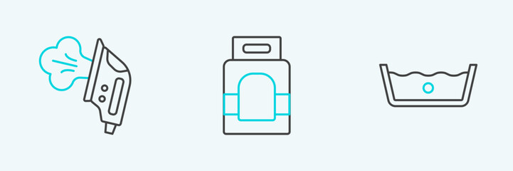 Set line Temperature wash, Electric iron and Laundry detergent icon. Vector