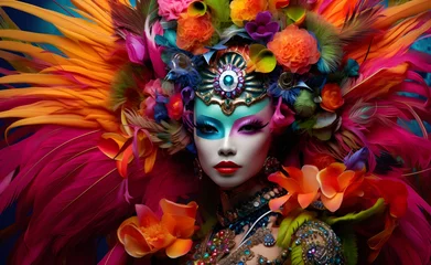 Gordijnen portrait of a woman in a flamboyant costume at the carnival of Venice, Italy, mask, natural flowers, feathers, luxury, Venice copyspace, pink and blue,AI generated © shustrilka
