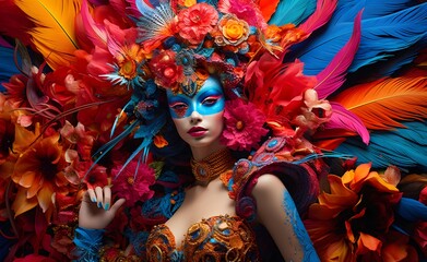 portrait of a woman in a flamboyant costume at the carnival of Venice, Italy, mask, natural flowers, feathers, luxury, Venice copyspace, pink and blue,AI generated - obrazy, fototapety, plakaty