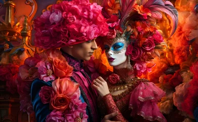 Poster portrait of man and a woman in a flamboyant costumes at the carnival of Venice, Italy, mask, natural flowers, feathers, luxury, Venice copy space, pink and blue, AI generated © shustrilka