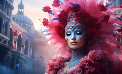 portrait of a woman in a flamboyant costume at the carnival of Venice, Italy, mask, natural flowers, feathers, luxury, Venice copyspace, pink and blue,AI generated - obrazy, fototapety, plakaty