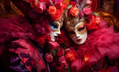 Gordijnen portrait of man and a woman in a flamboyant costumes at the carnival of Venice, Italy, mask, natural flowers, feathers, luxury, Venice copy space, pink and blue, AI generated © shustrilka
