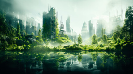 Fototapeta premium Spectacular eco-futuristic cityscape full with greenery. Modern city under construction on a island with a green forest.