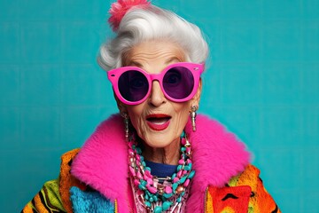 funny fashionable old lady on blue background - obrazy, fototapety, plakaty