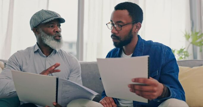 Home, father and man with documents, discussion for will and planning for pension fund, retirement and talking. Family, black people or dad with adult on a couch and paperwork for insurance or info
