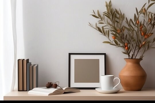 Breakfast still life. Cup of coffee, books and empty picture frame mockup on wooden desk, table. Vase with olive branches. Elegant working space, home office concept. Scandinavian interior design.