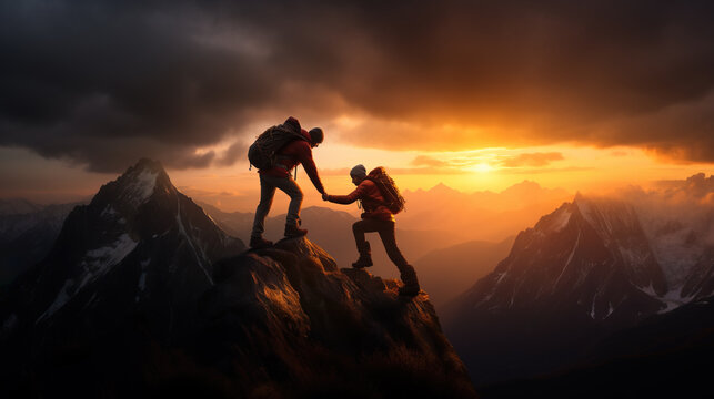 Epic image with hikers helping each other reach the mountain top, Generative AI illustration