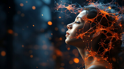 Unreal human head with neurons in brain. Generative AI	
