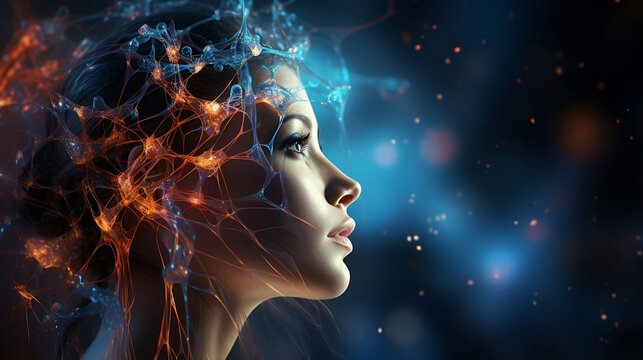 Unreal human head with neurons in brain. Generative AI	
