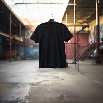 Image of a black T-shirt hanging from a hanger, ideal for mockups