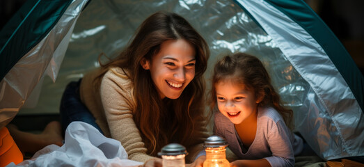 The Simple Pleasures in Life: Mother and Daughter Playing in a Camping Tent