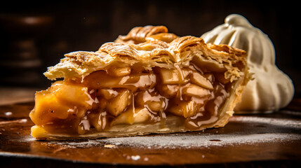A slice of apple pie with a flaky crust and a sweet and tart filling