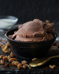 stylish presentation of chocolate ice cream in glass bowl