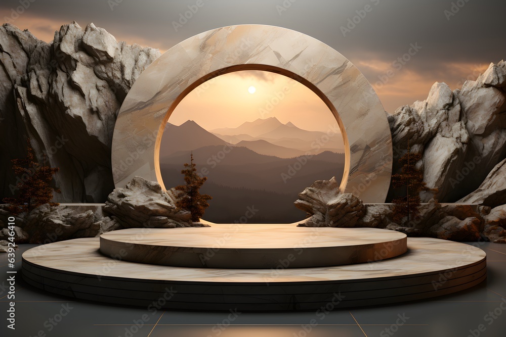 Poster 3d realistic podium for product shooting with a lot of space to put a product with abstract scene co