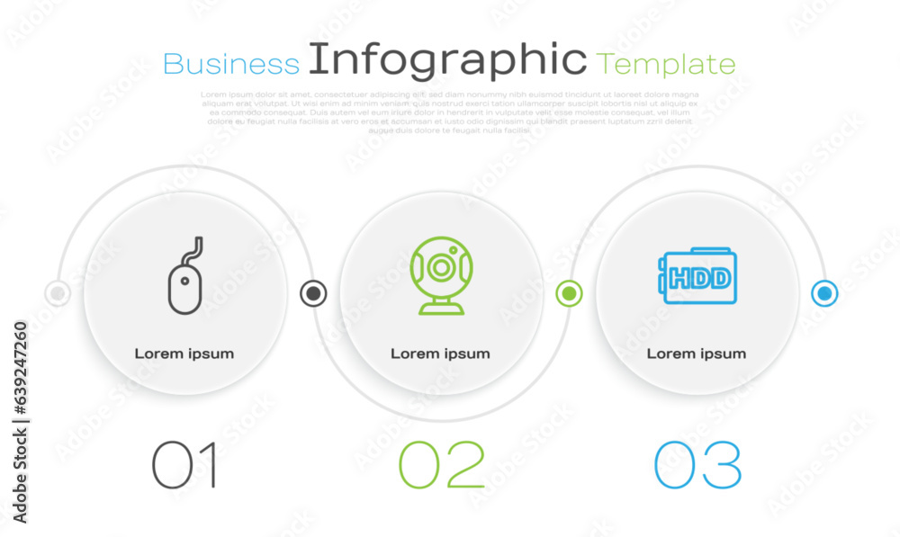 Poster set line computer mouse, web camera and hard disk drive hdd. business infographic template. vector