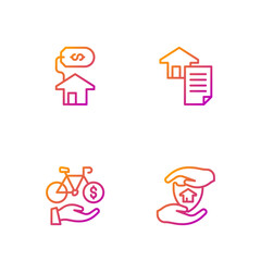 Set line House with shield, Bicycle rental mobile app, dollar and contract. Gradient color icons. Vector