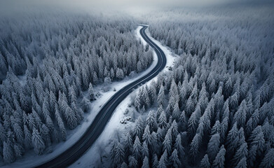 paisaje de bosque nevado siendo atravesado por una carretera limpia, ilustración de IA generativa - obrazy, fototapety, plakaty