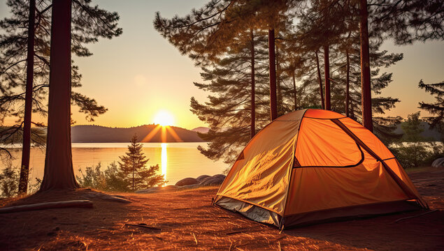 caseta de campa&ntilde;a naranja, en paisaje rural con arboles, lago y puesta de sol. IA generativa