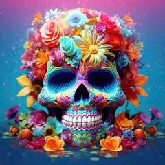 cute halloween skull decorated bright colourful flowers