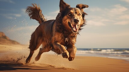 happy running dog on the beach, ai generated. 