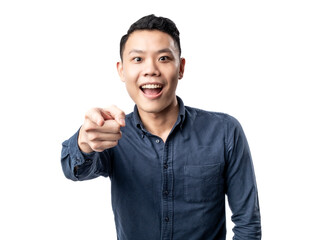 Fototapeta premium A portrait of an Asian man wearing a blue shirt, pointing towards the camera, isolated with a white background.