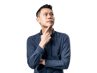 A portrait of an Asian man wearing a blue shirt,  looking confused and pointing his hand to touch his chin. Isolated with a white background.