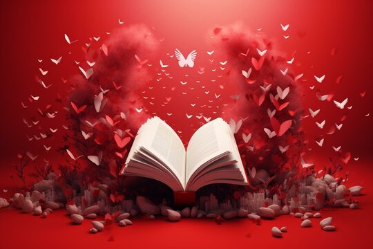 A heart soars from an open book, captivated by a love story, against a vibrant red backdrop. A stunning 3D rendering. Generative AI