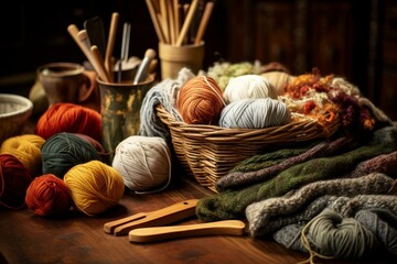 Knitting tools laid on table. Generative AI