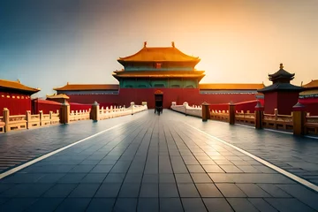 Fotobehang Capture a stunning view of the architectural details in the Forbidden City, emphasizing intricate rooftops and red walls in natural light. © sdk
